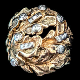 1960s Oak Leaf Motif Diamonds 14k Yellow Gold Cocktail Dome Ring Vintage Retro