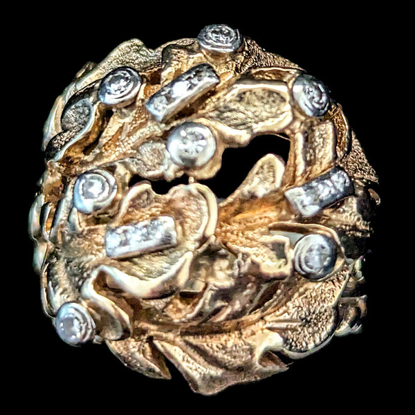 1960s Oak Leaf Motif Diamonds 14k Yellow Gold Cocktail Dome Ring Vintage Retro