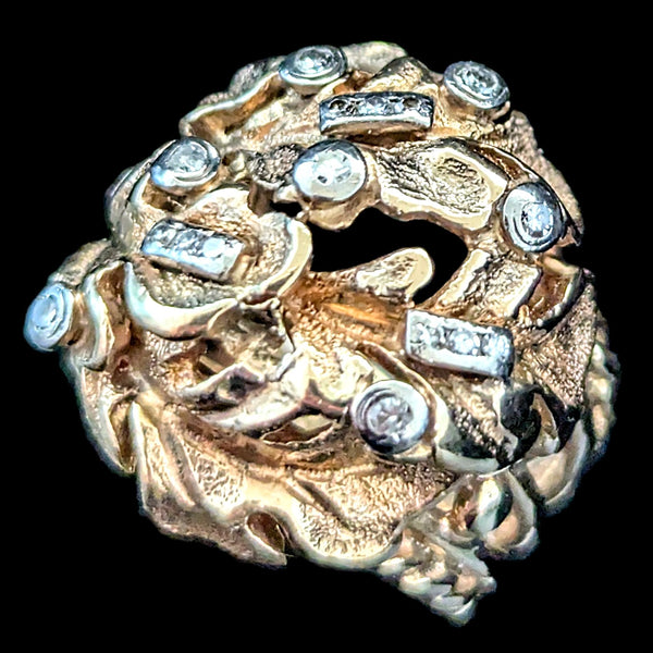 1960s Oak Leaf Motif Diamonds 14k Yellow Gold Cocktail Dome Ring Vintage Retro