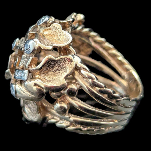 1960s Oak Leaf Motif Diamonds 14k Yellow Gold Cocktail Dome Ring Vintage Retro