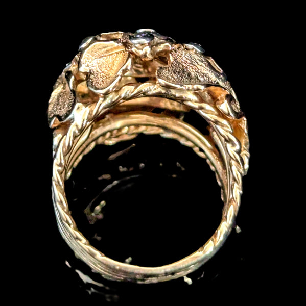 1960s Oak Leaf Motif Diamonds 14k Yellow Gold Cocktail Dome Ring Vintage Retro