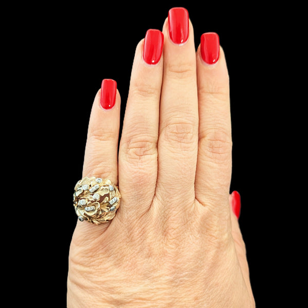 1960s Oak Leaf Motif Diamonds 14k Yellow Gold Cocktail Dome Ring Vintage Retro