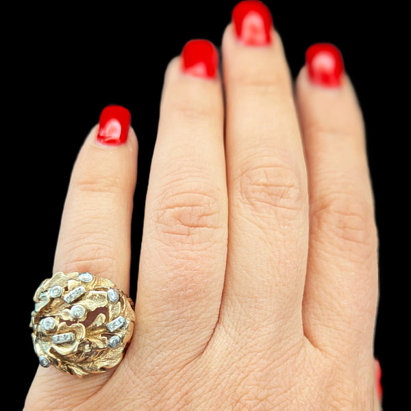 1960s Oak Leaf Motif Diamonds 14k Yellow Gold Cocktail Dome Ring Vintage Retro