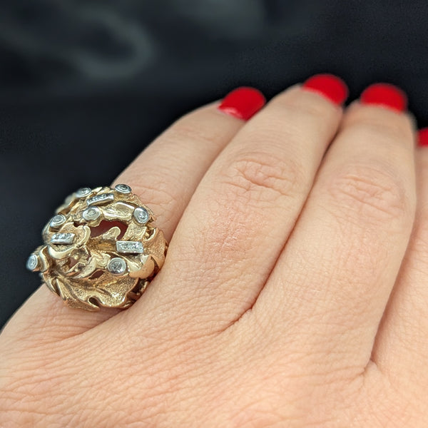 1960s Oak Leaf Motif Diamonds 14k Yellow Gold Cocktail Dome Ring Vintage Retro wendy maker's mark