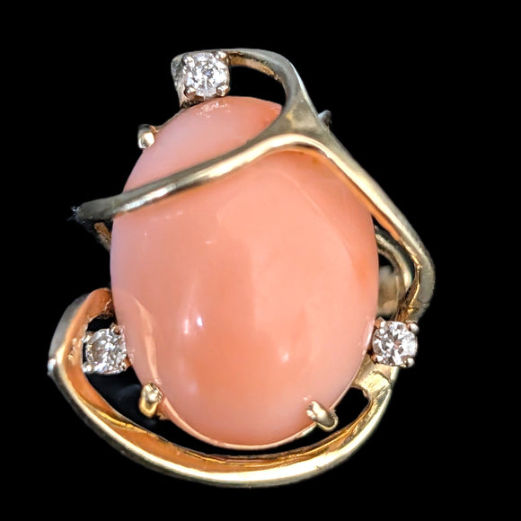 1960s Vintage Angelskin Coral Diamonds 14k Yellow Gold Cocktail Ring Retro Gift 