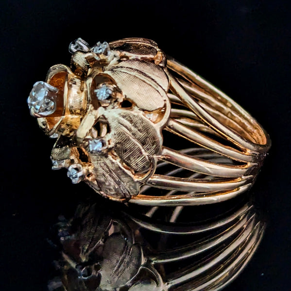1960s Vintage Diamond 14k Yellow Gold Cocktail Ring Dome Boule Flower Estate
