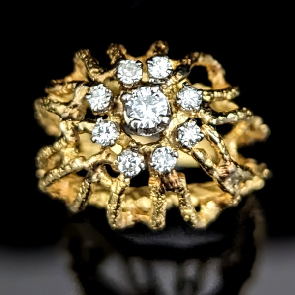 1960s Vintage Diamonds 18k Yellow Gold Cocktail Dome Ring Boule Cluster Estate