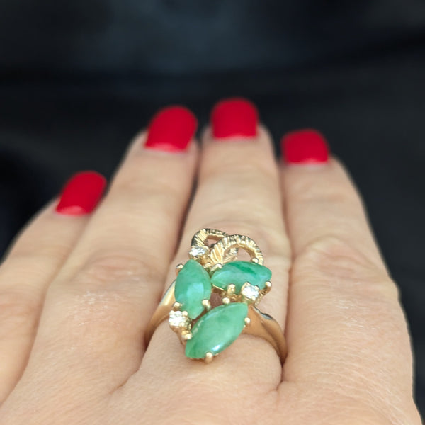 CARL K. GUMPERT Vintage Diamonds Green Jade 14k Yellow Gold Cocktail Ring Retro 