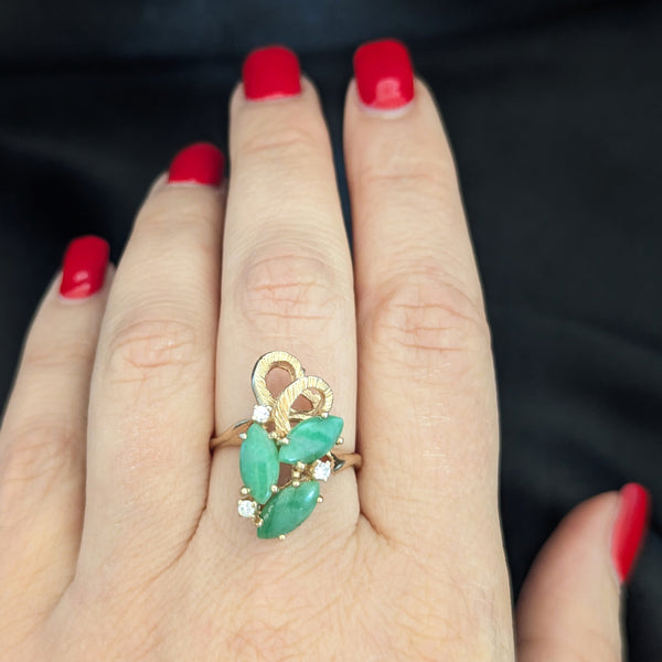 CARL K. GUMPERT Vintage Diamonds Green Jade 14k Yellow Gold Cocktail Ring Retro 