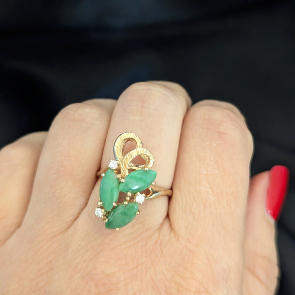 CARL K. GUMPERT Vintage Diamonds Green Jade 14k Yellow Gold Cocktail Ring Retro 