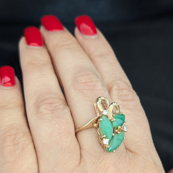 CARL K. GUMPERT Vintage Diamonds Green Jade 14k Yellow Gold Cocktail Ring Retro 