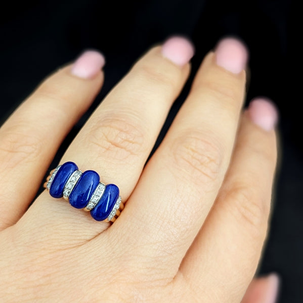 Estate Diamond Lapis Lazuli Enamel Swirl 14k Yellow Gold Ring Band Cocktail Gift