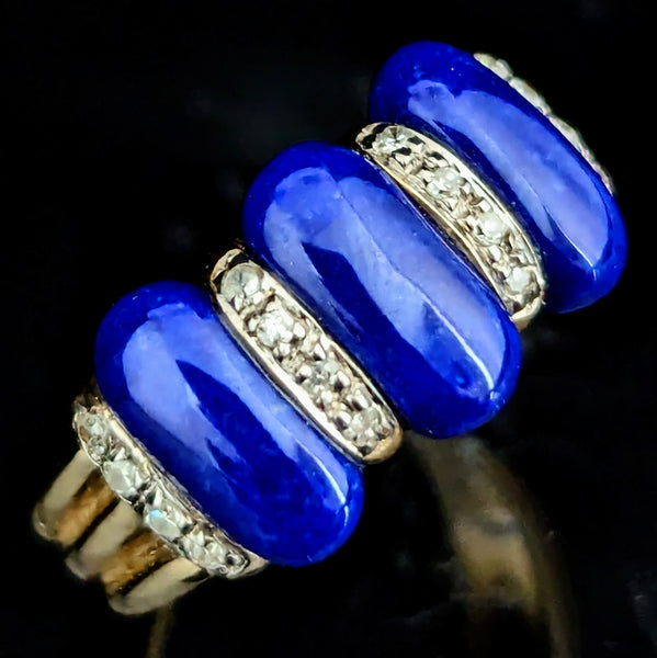 Estate Diamond Lapis Lazuli Enamel Swirl 14k Yellow Gold Ring Band Cocktail Gift