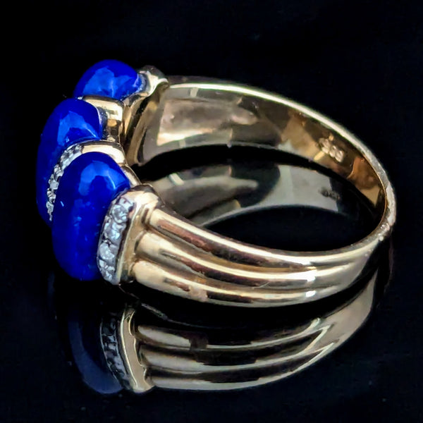 Estate Diamond Lapis Lazuli Enamel Swirl 14k Yellow Gold Ring Band Cocktail Gift