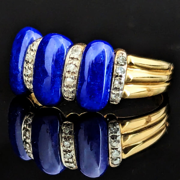 Estate Diamond Lapis Lazuli Enamel Swirl 14k Yellow Gold Ring Band Cocktail Gift