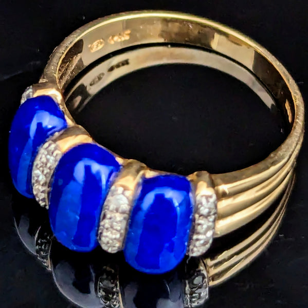 Estate Diamond Lapis Lazuli Enamel Swirl 14k Yellow Gold Ring Band Cocktail Gift