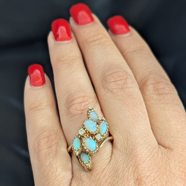 1960s Vintage Diamonds Opals 14k Yellow Gold Cocktail Ring Retro Estate Gift