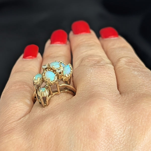 1960s Vintage Diamonds Opals 14k Yellow Gold Cocktail Ring Retro Estate Gift