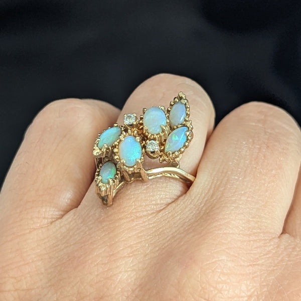 1960s Vintage Diamonds Opals 14k Yellow Gold Cocktail Ring Retro Estate Gift