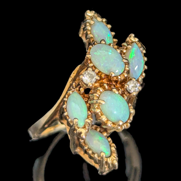 1960s Vintage Diamonds Opals 14k Yellow Gold Cocktail Ring Retro Estate Gift