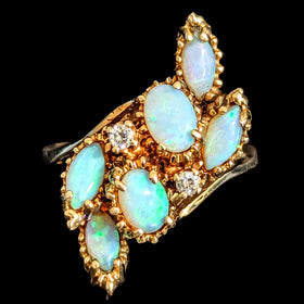 1960s Vintage Diamonds Opals 14k Yellow Gold Cocktail Ring Retro Estate Gift