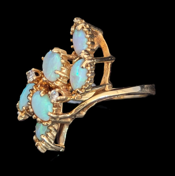 1960s Vintage Diamonds Opals 14k Yellow Gold Cocktail Ring Retro Estate Gift