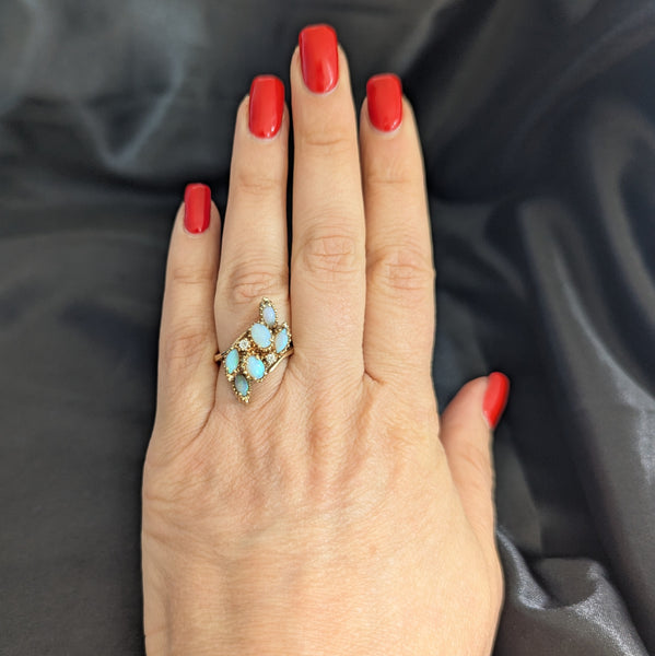 1960s Vintage Diamonds Opals 14k Yellow Gold Cocktail Ring Retro Estate Gift
