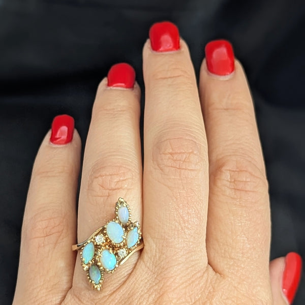 1960s Vintage Diamonds Opals 14k Yellow Gold Cocktail Ring Retro Estate Gift