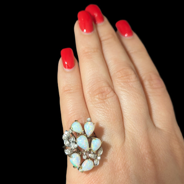 1960s Vintage Opals Diamonds 14k Multi Tone Gold Cocktail Ring Statement Estate