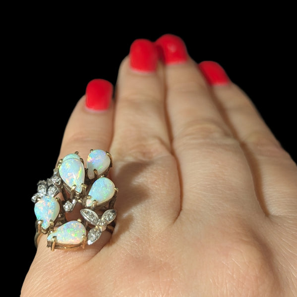 1960s Vintage Opals Diamonds 14k Multi Tone Gold Cocktail Ring Statement Estate