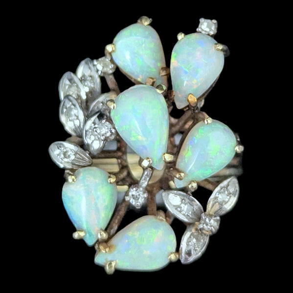 1960s Vintage Opals Diamonds 14k Multi Tone Gold Cocktail Ring Statement Estate
