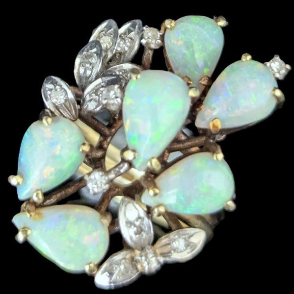1960s Vintage Opals Diamonds 14k Multi Tone Gold Cocktail Ring Statement Estate