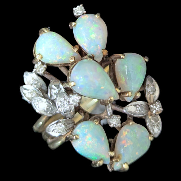 1960s Vintage Opals Diamonds 14k Multi Tone Gold Cocktail Ring Statement Estate