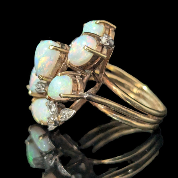 1960s Vintage Opals Diamonds 14k Multi Tone Gold Cocktail Ring Statement Estate