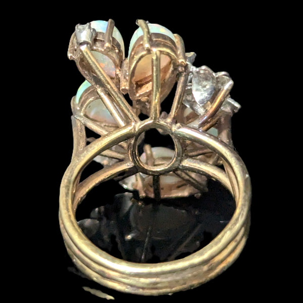 1960s Vintage Opals Diamonds 14k Multi Tone Gold Cocktail Ring Statement Estate