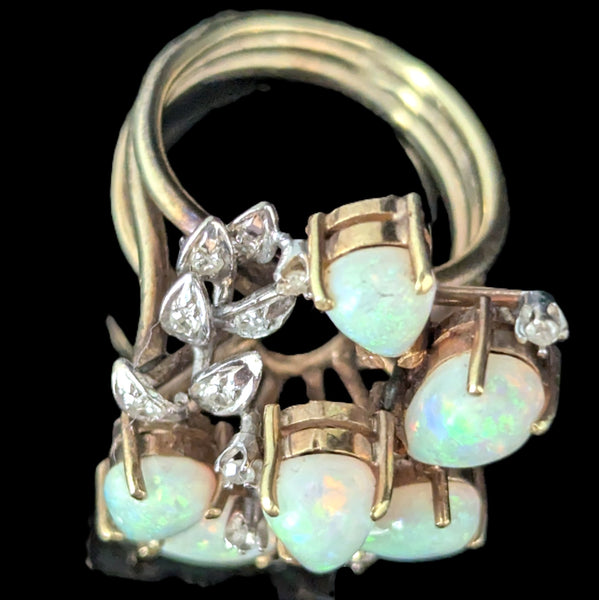 1960s Vintage Opals Diamonds 14k Multi Tone Gold Cocktail Ring Statement Estate