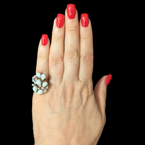 1960s Vintage Opals Diamonds 14k Multi Tone Gold Cocktail Ring Statement Estate