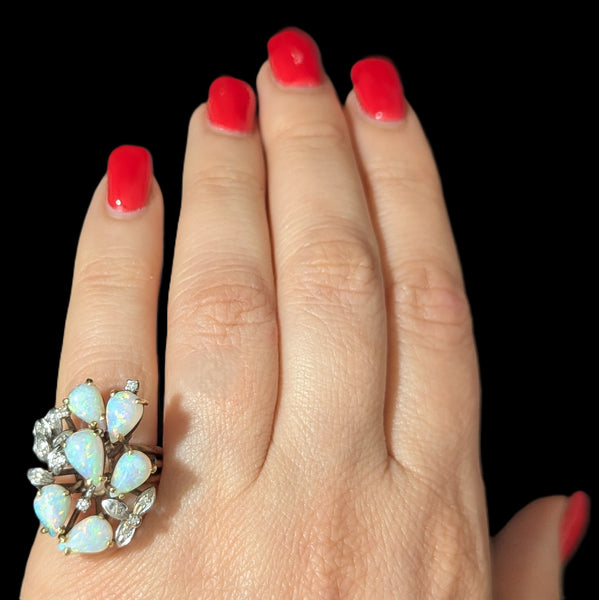 1960s Vintage Opals Diamonds 14k Multi Tone Gold Cocktail Ring Statement Estate