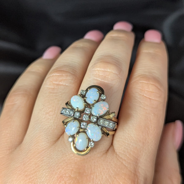 1960s Vintage Opals Diamonds 14k Yellow Gold Cocktail Ring Retro Estate Gift 