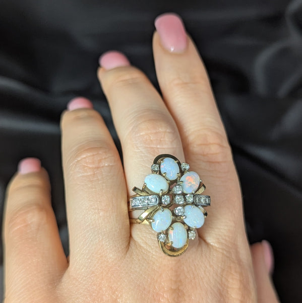 1960s Vintage Opals Diamonds 14k Yellow Gold Cocktail Ring Retro Estate Gift 