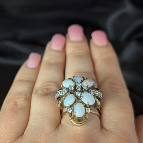 1960s Vintage Opals Diamonds 14k Yellow Gold Cocktail Ring Retro Estate Gift 