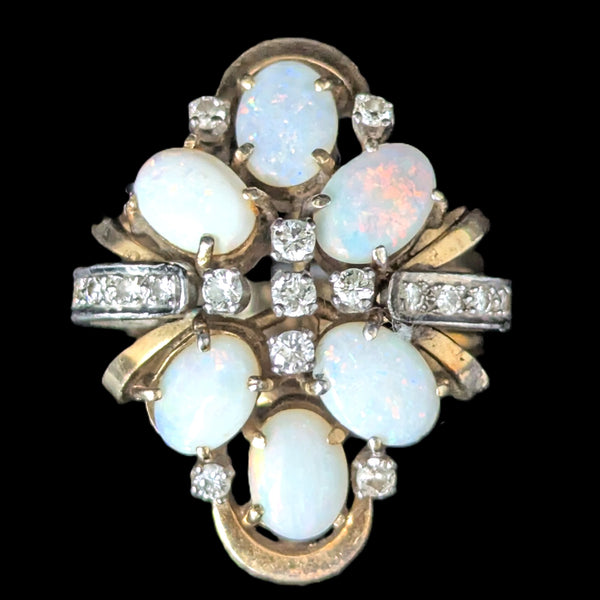 1960s Vintage Opals Diamonds 14k Yellow Gold Cocktail Ring Retro Estate Gift 