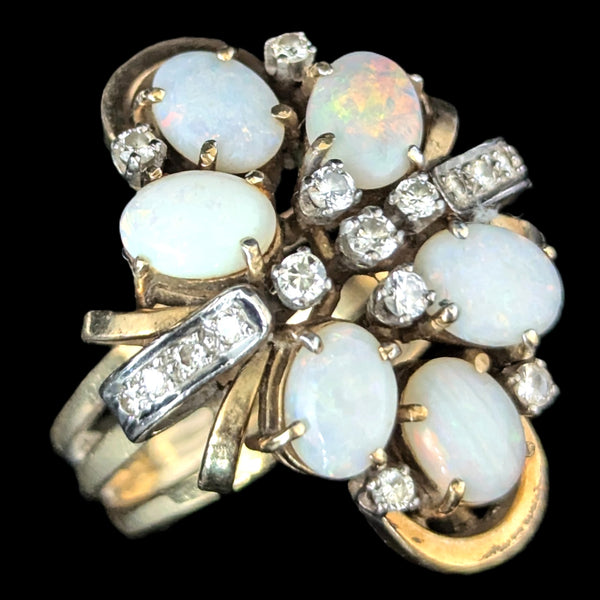 1960s Vintage Opals Diamonds 14k Yellow Gold Cocktail Ring Retro Estate Gift 