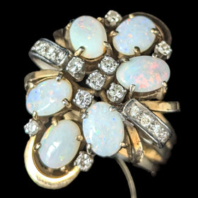 1960s Vintage Opals Diamonds 14k Yellow Gold Cocktail Ring Retro Estate Gift 