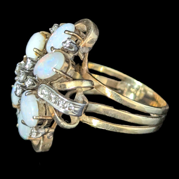 1960s Vintage Opals Diamonds 14k Yellow Gold Cocktail Ring Retro Estate Gift 