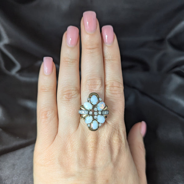 1960s Vintage Opals Diamonds 14k Yellow Gold Cocktail Ring Retro Estate Gift 