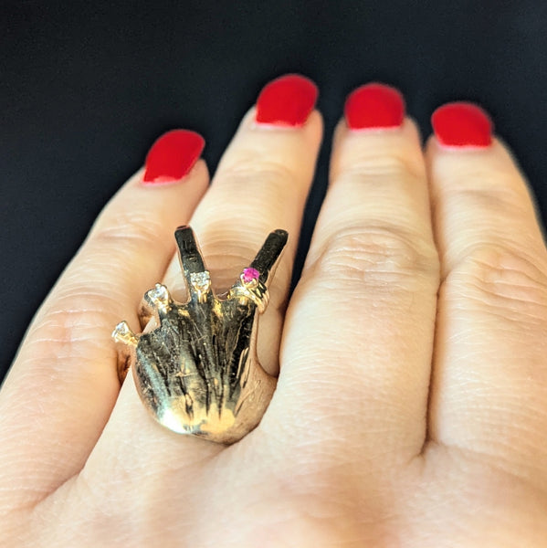 1970 Diamonds Ruby 14k Yellow Gold Custom Made Hand Ring Vintage Cocktail Unisex