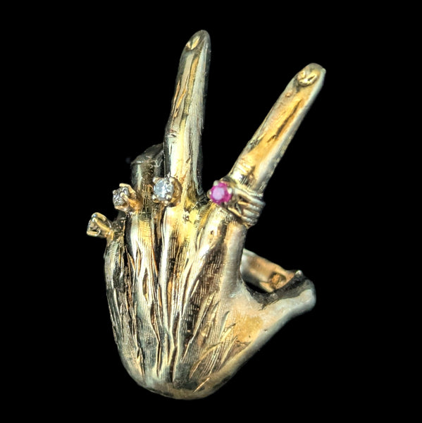 1970 Diamonds Ruby 14k Yellow Gold Custom Made Hand Ring Vintage Cocktail Unisex