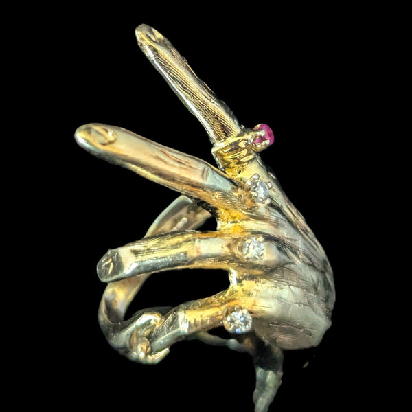 1970 Diamonds Ruby 14k Yellow Gold Custom Made Hand Ring Vintage Cocktail Unisex