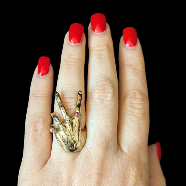1970 Diamonds Ruby 14k Yellow Gold Custom Made Hand Ring Vintage Cocktail Unisex